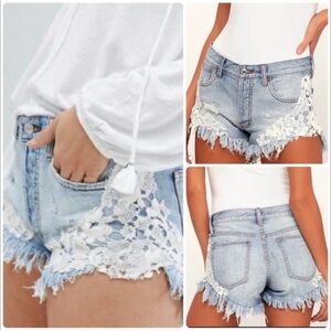 Free People Blue Jean Shorts with White Lace Trim